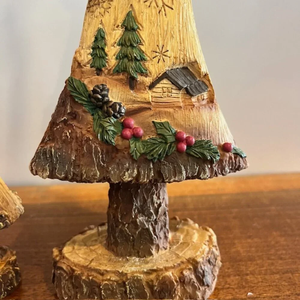 Pair of Resin Wood Look Rustic Carved Trees with Trees Snowflakes Cabin Holly